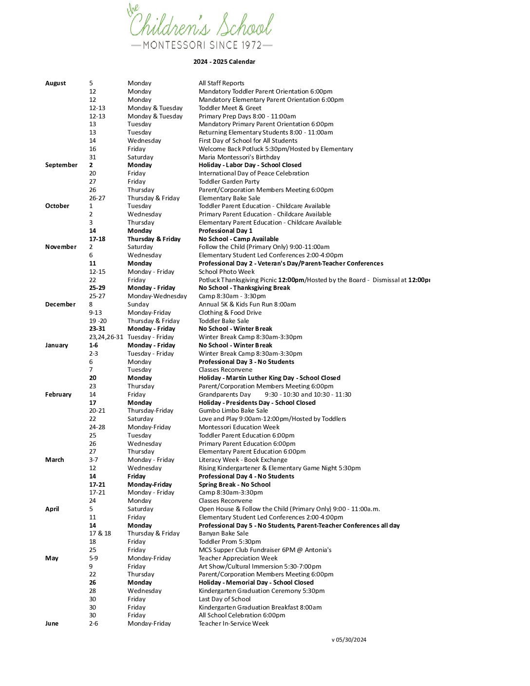 Key West Montessori School Calendar Montessori Events